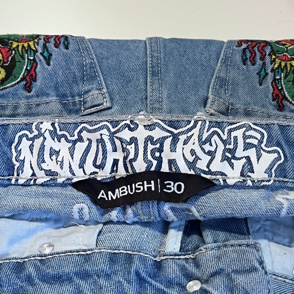 Ambush Embroidered Dragon Graffiti Baggy Jeans Blue Acid Wash Size‎ 30 (P740) - Picture 8 of 9